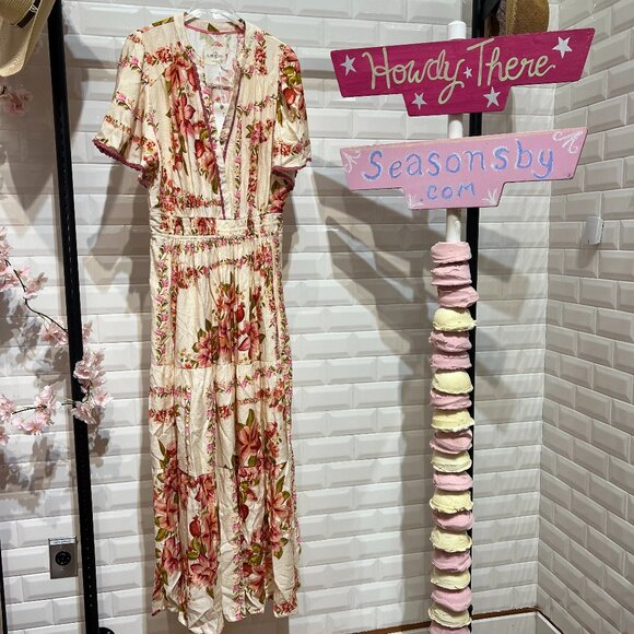 NO LINING FLORAL BORDER PRINT TIERED MIDI DRESS WITH LACE TRIM DETAILS - Picture 1 of 5